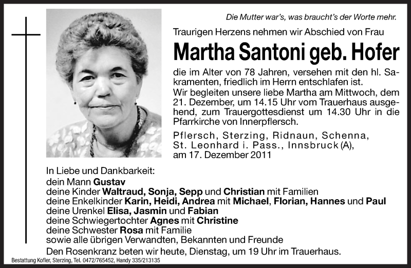  Traueranzeige für Martha Santoni vom 20.12.2011 aus Dolomiten