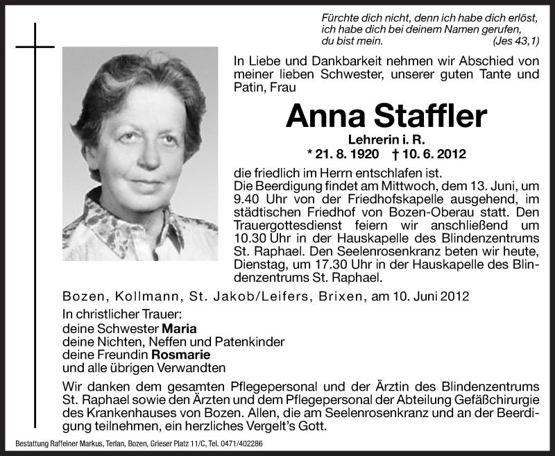  Traueranzeige für Anna Staffler vom 12.06.2012 aus Dolomiten