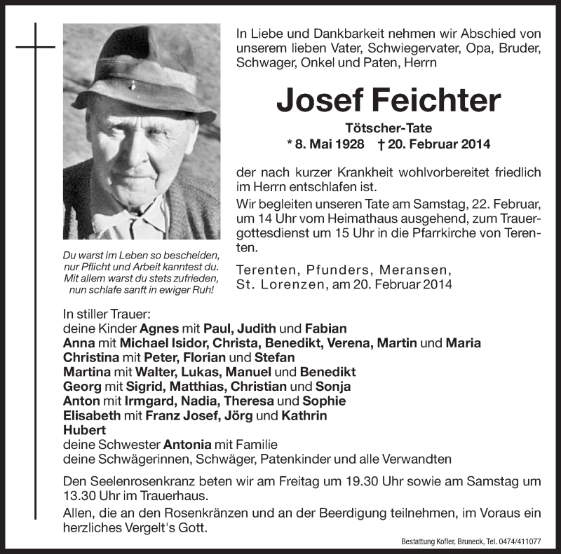  Traueranzeige für Josef Feichter vom 21.02.2014 aus Dolomiten