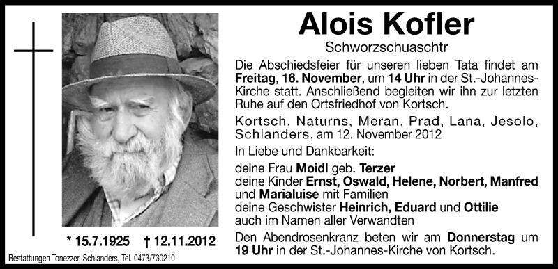  Traueranzeige für Alois Kofler vom 14.11.2012 aus Dolomiten