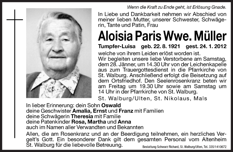  Traueranzeige für Aloisia Müller vom 27.01.2012 aus Dolomiten