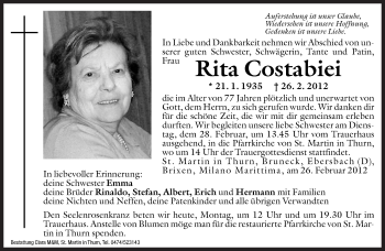 Traueranzeige von Rita Costabiei von Dolomiten