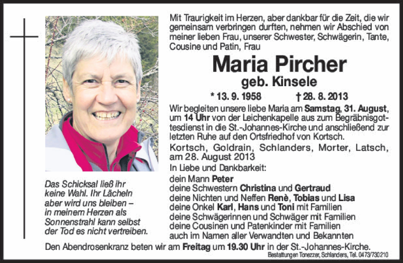  Traueranzeige für Maria Pircher vom 30.08.2013 aus Dolomiten