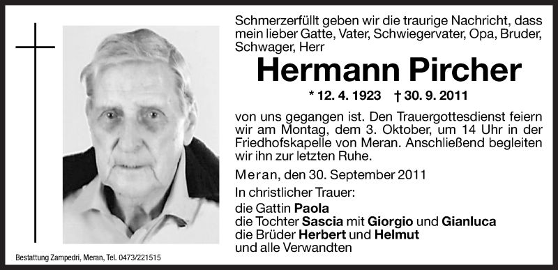  Traueranzeige für Hermann Pircher vom 01.10.2011 aus Dolomiten