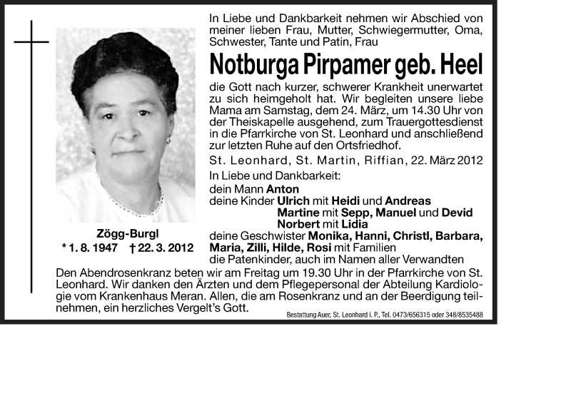  Traueranzeige für Notburga Pirpamer vom 23.03.2012 aus Dolomiten