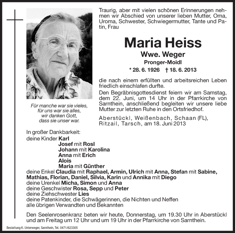  Traueranzeige für Maria Weger vom 20.06.2013 aus Dolomiten