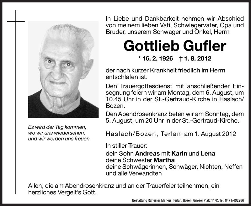  Traueranzeige für Gottlieb Gufler vom 03.08.2012 aus Dolomiten