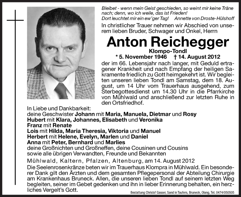  Traueranzeige für Anton Reichegger vom 17.08.2012 aus Dolomiten