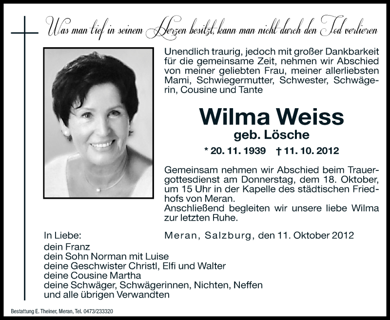  Traueranzeige für Wilma Weiss vom 16.10.2012 aus Dolomiten