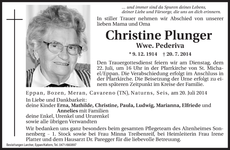  Traueranzeige für Christine Pederiva vom 22.07.2014 aus Dolomiten