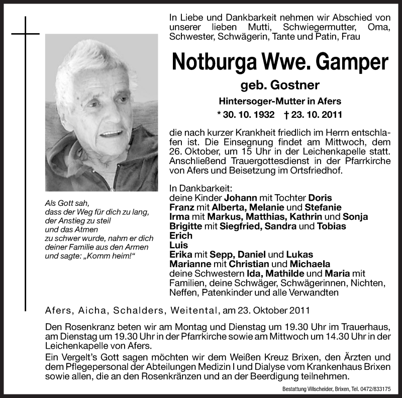  Traueranzeige für Notburga Gamper vom 24.10.2011 aus Dolomiten