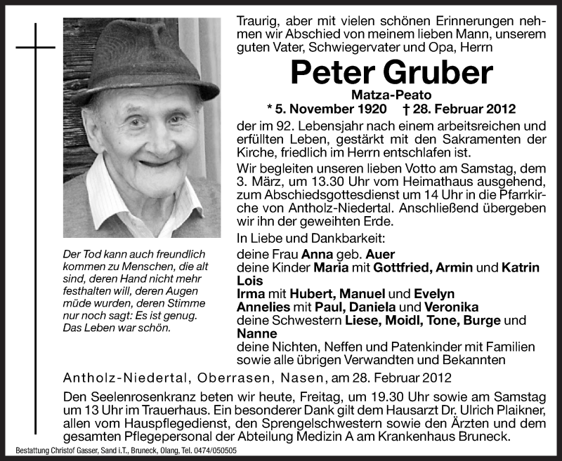  Traueranzeige für Peter Gruber vom 02.03.2012 aus Dolomiten