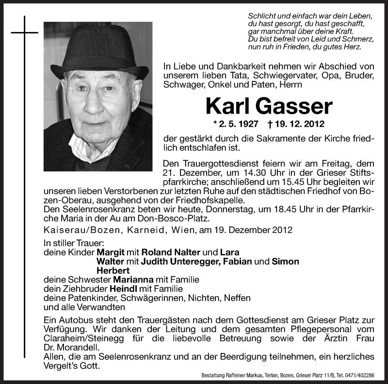  Traueranzeige für Karl Gasser vom 20.12.2012 aus Dolomiten