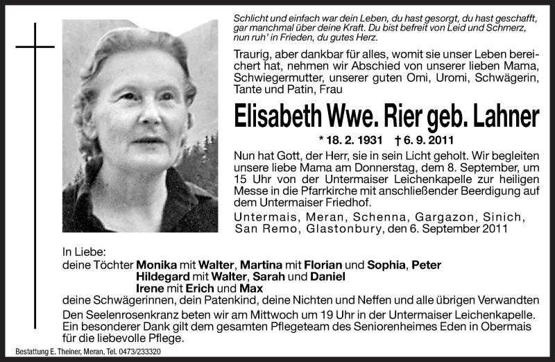  Traueranzeige für Elisabeth Rier vom 07.09.2011 aus Dolomiten