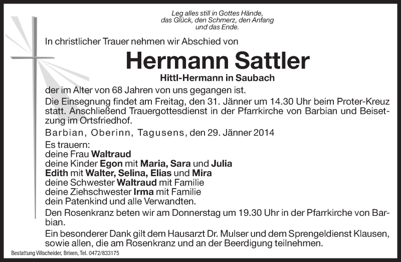  Traueranzeige für Hermann Sattler vom 30.01.2014 aus Dolomiten