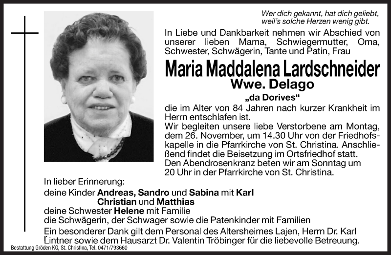  Traueranzeige für Maria Maddalena Lardschneider vom 24.11.2012 aus Dolomiten