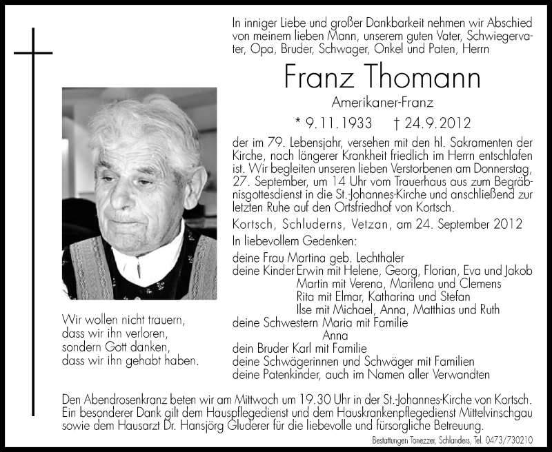  Traueranzeige für Franz Thomann vom 26.09.2012 aus Dolomiten