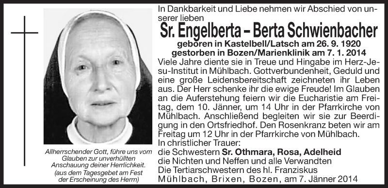  Traueranzeige für Engelberta–Berta Schwienbacher vom 09.01.2014 aus Dolomiten