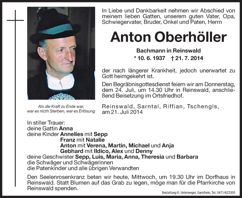  Traueranzeige für Anton Oberhöller vom 23.07.2014 aus Dolomiten