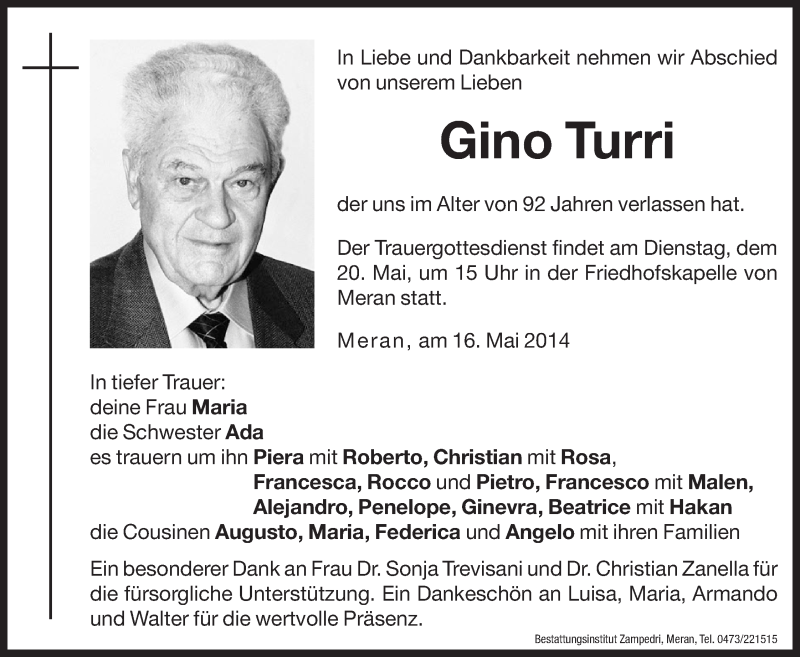  Traueranzeige für Gino Turri vom 19.05.2014 aus Dolomiten