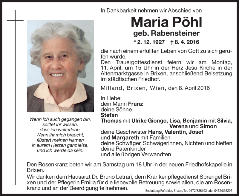  Traueranzeige für Maria Pöhl vom 09.04.2016 aus Dolomiten