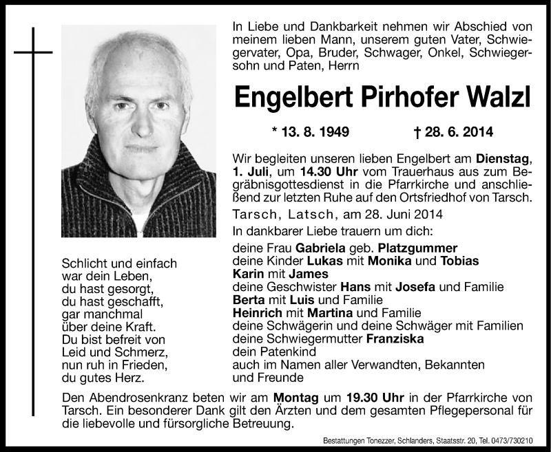  Traueranzeige für Engelbert Pirhofer Walzl vom 30.06.2014 aus Dolomiten