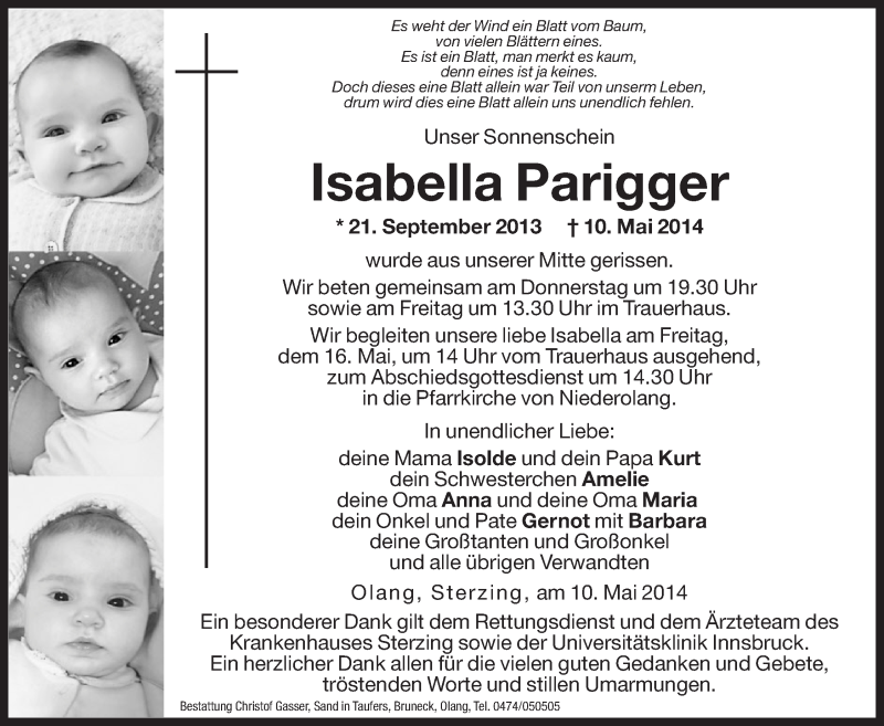  Traueranzeige für Isabella Parigger vom 15.05.2014 aus Dolomiten