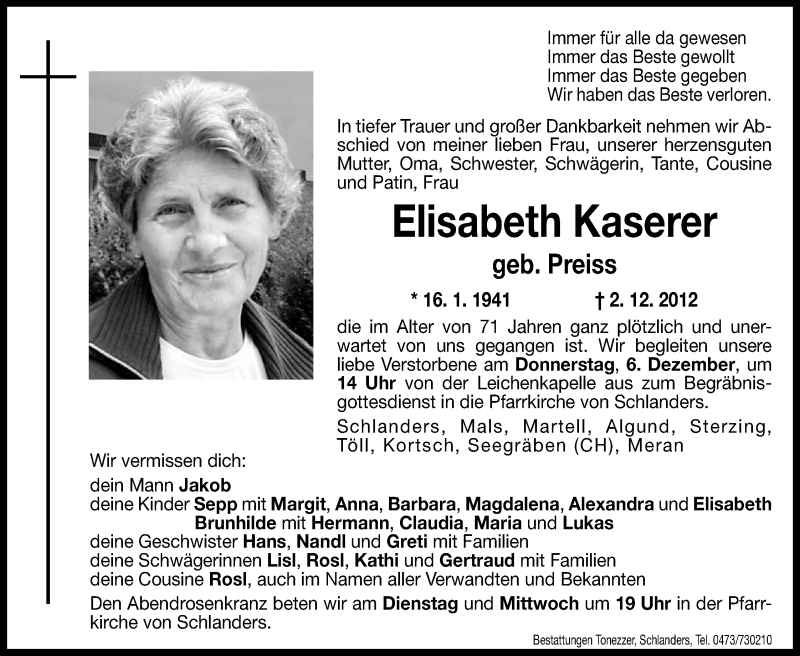  Traueranzeige für Elisabeth Kaserer vom 04.12.2012 aus Dolomiten