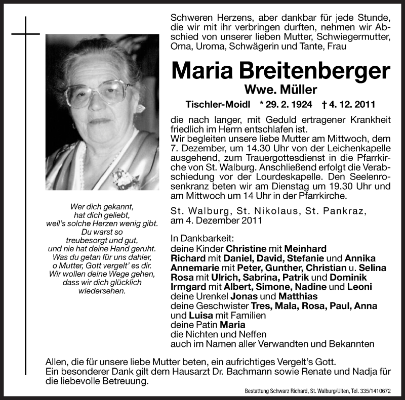  Traueranzeige für Maria Müller vom 06.12.2011 aus Dolomiten