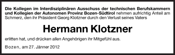 Traueranzeige von Hermann Klotzner von Dolomiten