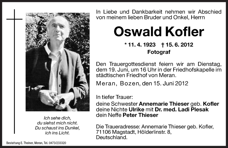  Traueranzeige für Oswald Kofler vom 18.06.2012 aus Dolomiten