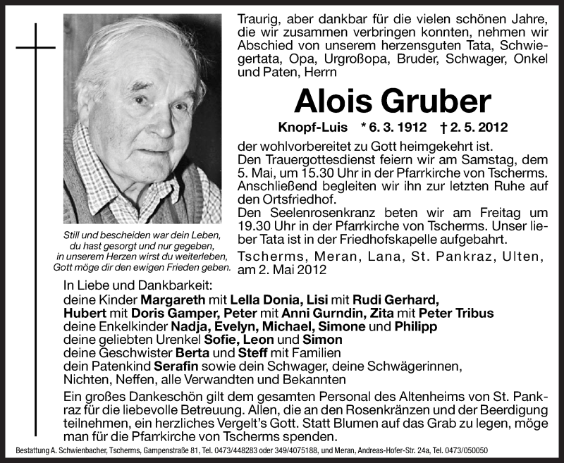  Traueranzeige für Alois Gruber vom 04.05.2012 aus Dolomiten