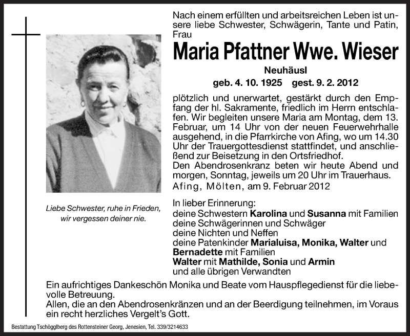  Traueranzeige für Maria Wieser vom 11.02.2012 aus Dolomiten