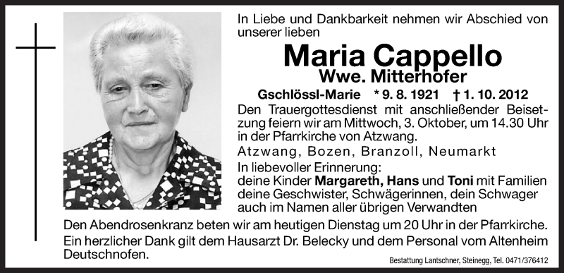  Traueranzeige für Maria Cappello vom 02.10.2012 aus Dolomiten