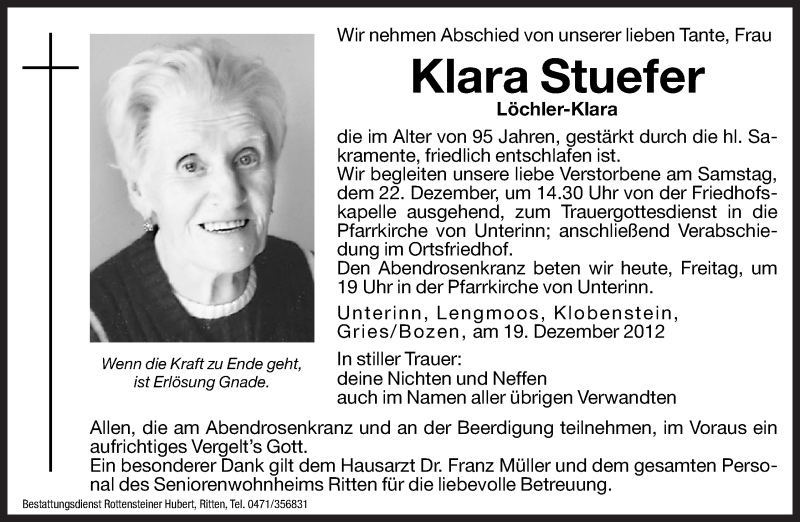  Traueranzeige für Klara Stuefer vom 21.12.2012 aus Dolomiten