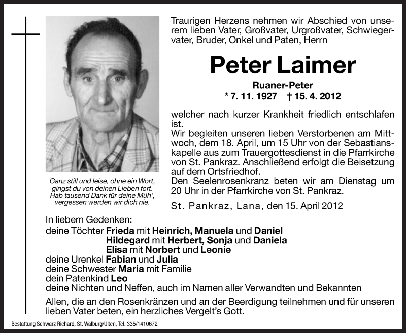  Traueranzeige für Peter Laimer vom 17.04.2012 aus Dolomiten