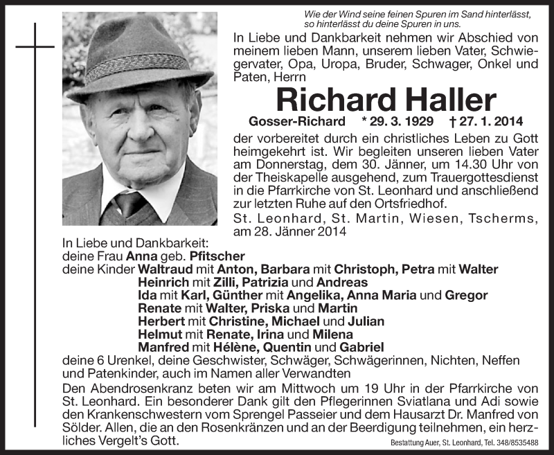  Traueranzeige für Richard Haller vom 29.01.2014 aus Dolomiten