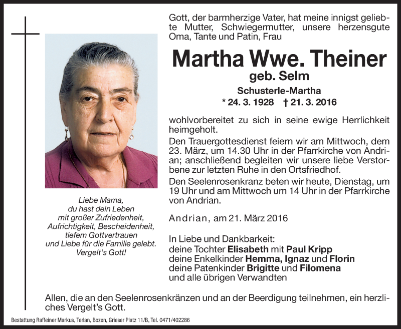  Traueranzeige für Martha Theiner vom 22.03.2016 aus Dolomiten