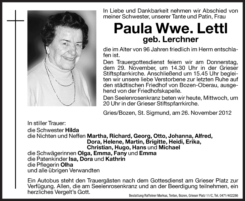  Traueranzeige für Paula Lettl vom 28.11.2012 aus Dolomiten