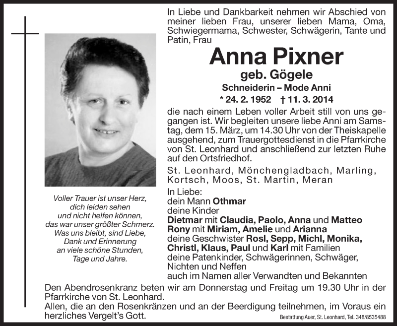  Traueranzeige für Anna Pixner vom 13.03.2014 aus Dolomiten