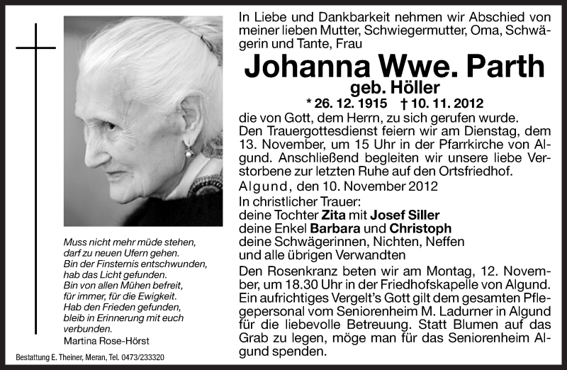  Traueranzeige für Johanna Parth vom 12.11.2012 aus Dolomiten