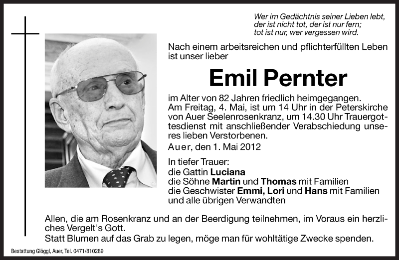  Traueranzeige für Emil Pernter vom 03.05.2012 aus Dolomiten