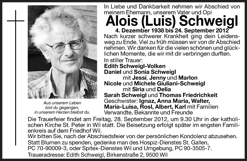  Traueranzeige für Alois Schweigl vom 26.09.2012 aus Dolomiten