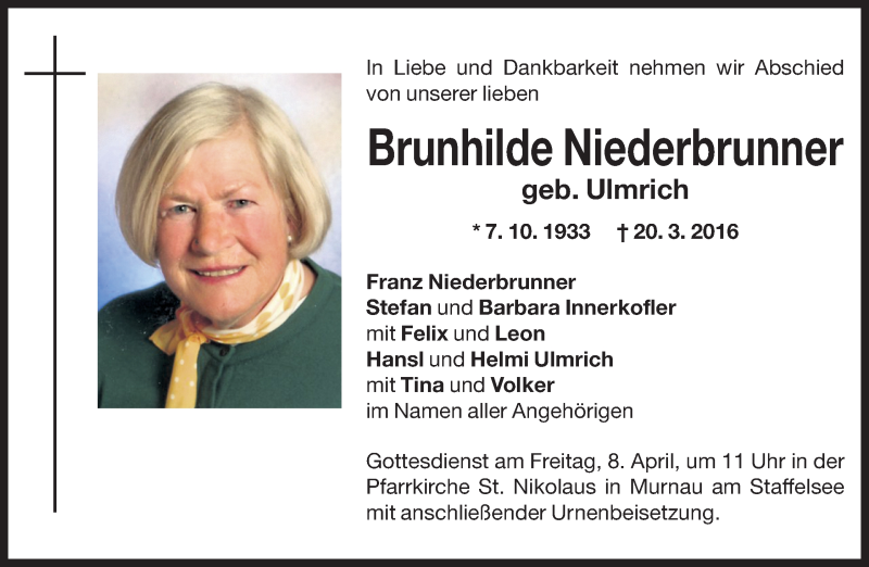  Traueranzeige für Brunhilde Niederbrunner vom 02.04.2016 aus Dolomiten