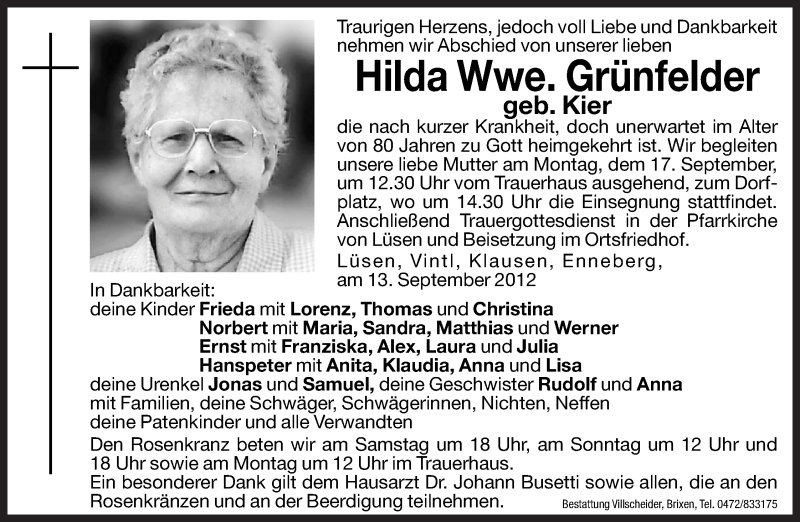  Traueranzeige für Hilda Grünfelder vom 15.09.2012 aus Dolomiten