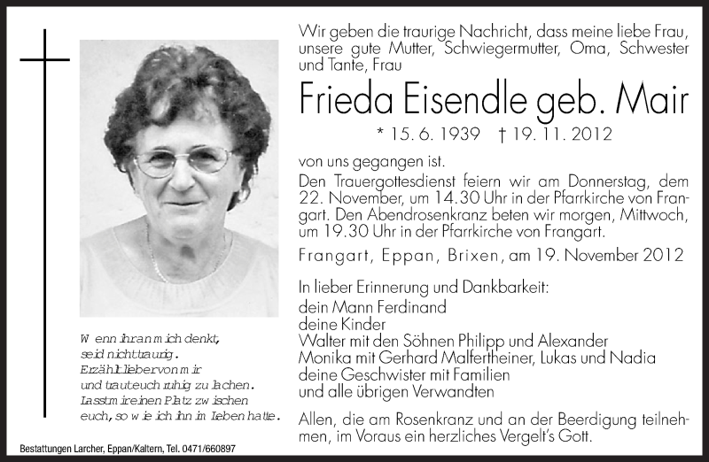  Traueranzeige für Frieda Eisendle vom 20.11.2012 aus Dolomiten