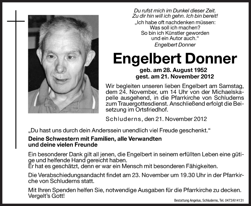  Traueranzeige für Engelbert Donner vom 23.11.2012 aus Dolomiten