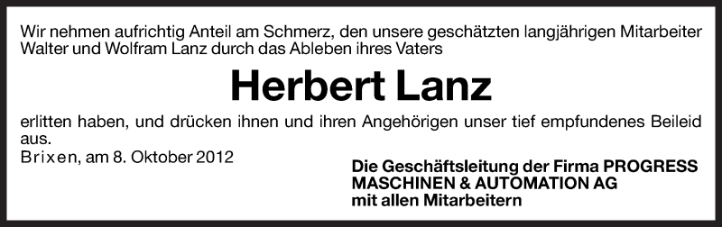  Traueranzeige für Herbert Lanz vom 09.10.2012 aus Dolomiten