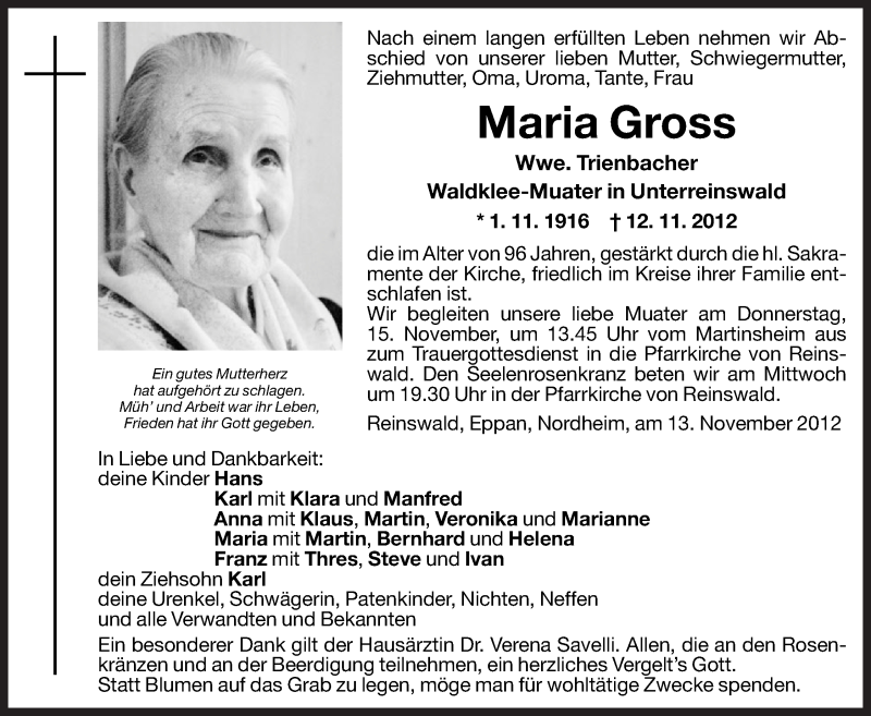  Traueranzeige für Maria Trienbacher vom 14.11.2012 aus Dolomiten