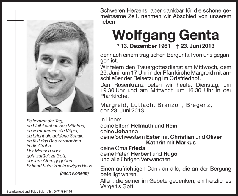  Traueranzeige für Wolfgang Genta vom 25.06.2013 aus Dolomiten